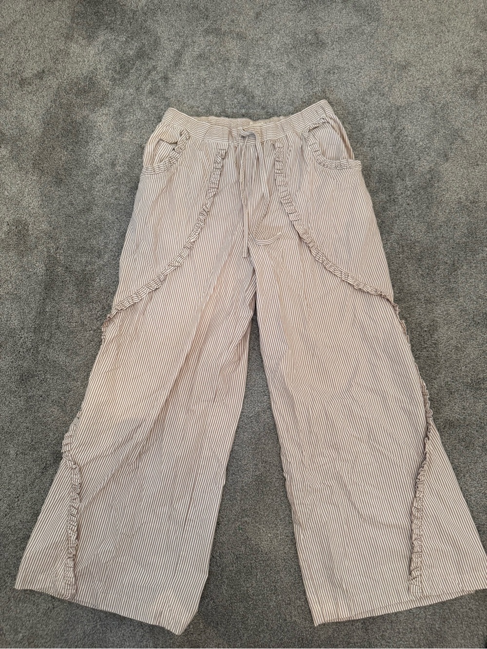 Pilcro Cream and White Pinstripe Wide-Leg Ruffle Pants